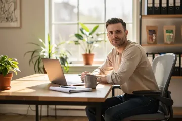 Man sitting at a desk with a laptop in a bright home office with plants and shelves.