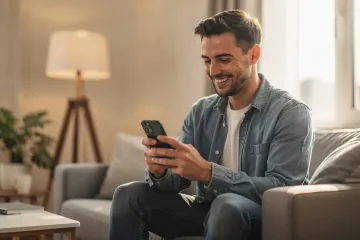 The image depicts a smiling customer engaged in a chat on their smartphone, set against a cozy home environment, highlighting the ease of customer interactions facilitated by AI-powered chatbots and virtual assistants. This scene reflects the comfort of using technology to handle customer queries and support routine tasks in a human-like manner.