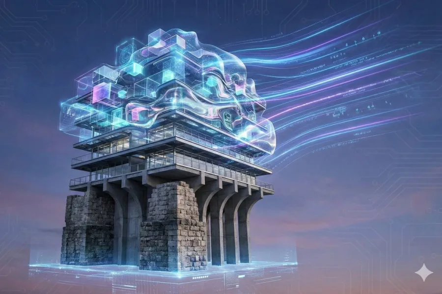Un edificio que es al mismo tiempo antiguo y futurista: este concepto se centra en la idea de que un sitio web necesita una estructura sólida que, sin embargo, pueda renovarse por completo en la superficie. Imagen generada por IA.
