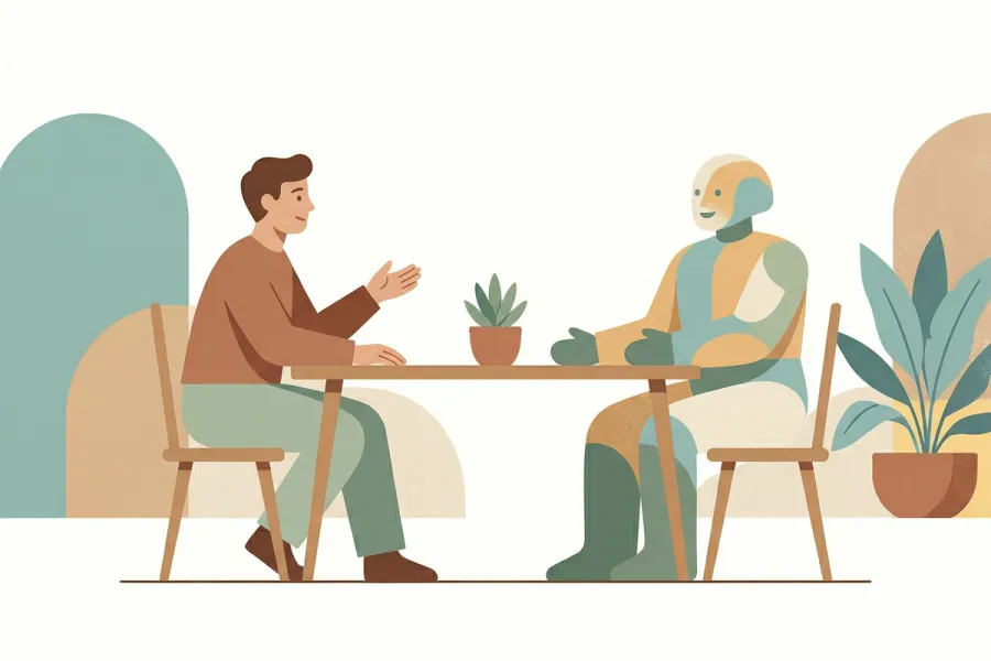 Una ilustración de estilo minimalista de mediados de siglo, en tonos tierra suaves, muestra una figura humana y una figura no humana de formas geométricas delicadas sentadas una frente a la otra en una sencilla mesa de madera. Una pequeña planta en maceta se encuentra entre ellas, sugiriendo una conversación relajada y amistosa en un entorno tranquilo.