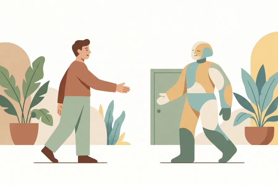A clean, mid-century style illustration in muted earthy tones showing a human figure extending a hand to greet a warm, softly geometric non-human figure. They stand in a minimalist space decorated with a few potted plants, conveying a calm and welcoming introduction.
