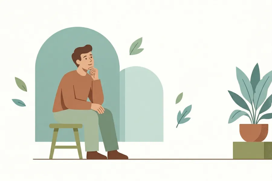 A clean, mid-century style illustration in muted cool tones like soft teal and green. A human figure sits quietly on a small stool, resting their chin on their hand in a thoughtful, contemplative pose. Soft, abstract archways and a potted plant in the background create a calm, unhurried atmosphere with generous white space.