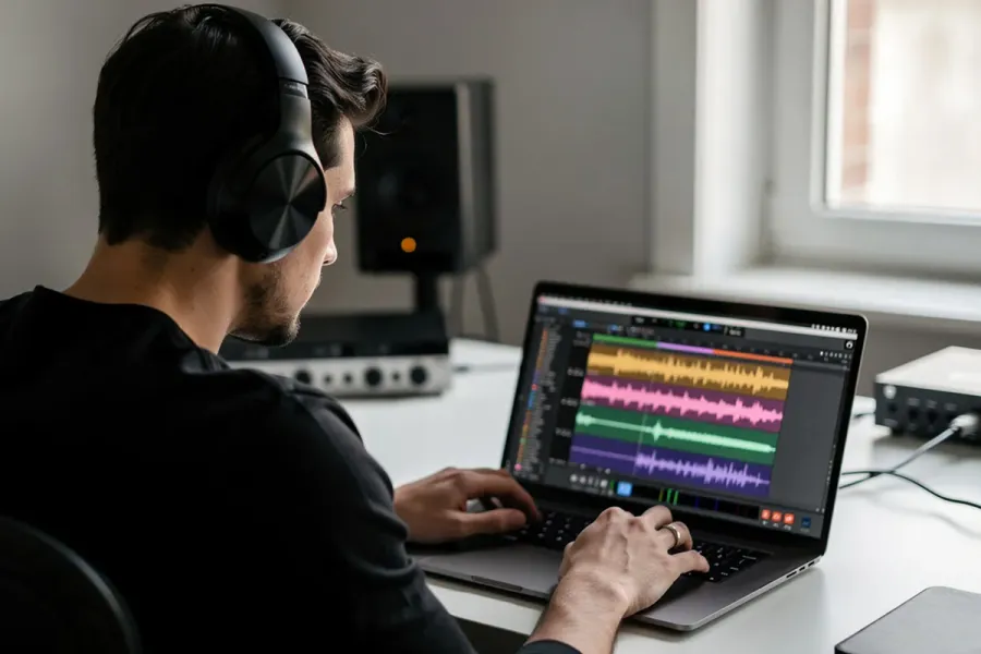 A man editing sound waves in a laptop.