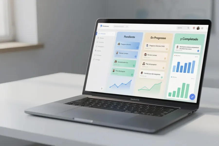 Una laptop abierta muestra un panel de control con gráficas de progreso y tareas organizadas en columnas, representando la gestión de proyectos y el avance en la ejecución del proyecto. Este software permite a los gerentes de proyecto visualizar el estado de las tareas y coordinar al equipo de trabajo de manera efectiva.