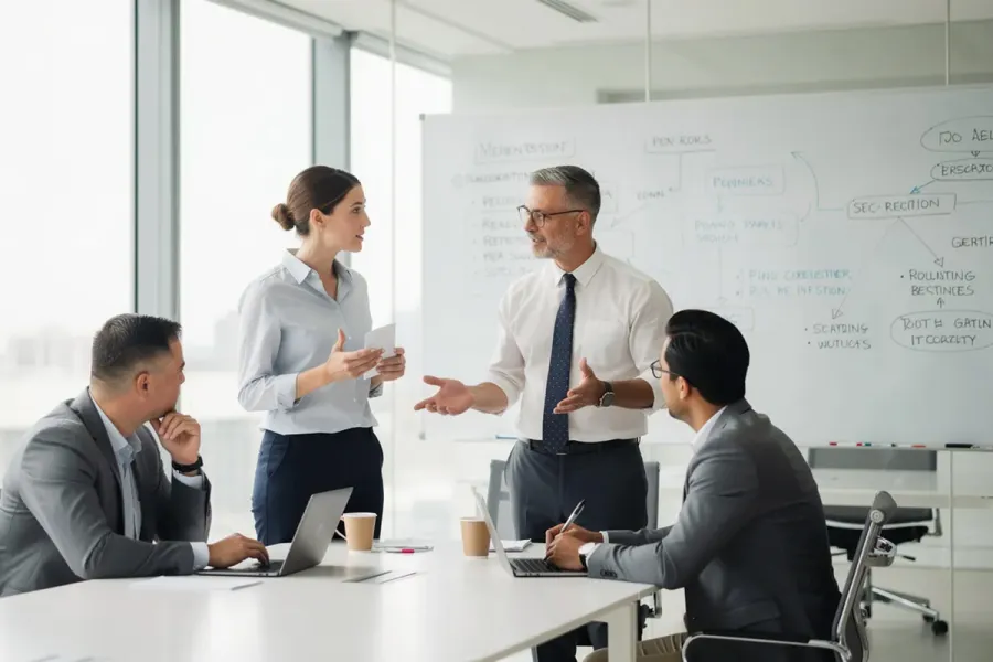 A small group of professionals is engaged in a focused discussion in a modern office setting, with whiteboards in the background displaying project plans and objectives. This scene highlights effective project management practices as team members collaborate to ensure project success.