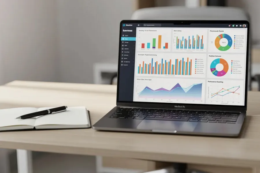 The image depicts a laptop on a clean desk, showcasing colorful charts and graphs that represent project progress, accompanied by a notebook and pen, symbolizing effective project management practices. This setup reflects the tools used by project managers to monitor project performance and document project objectives.