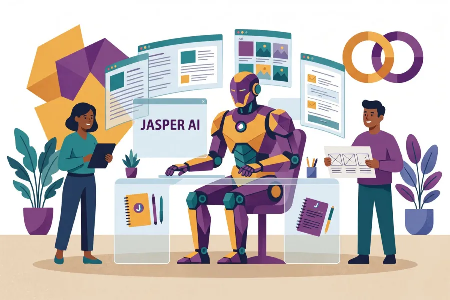 Illustration of a humanoid AI robot working at a desk with two people, surrounded by content, advertising, and design interfaces labeled Jasper AI.
