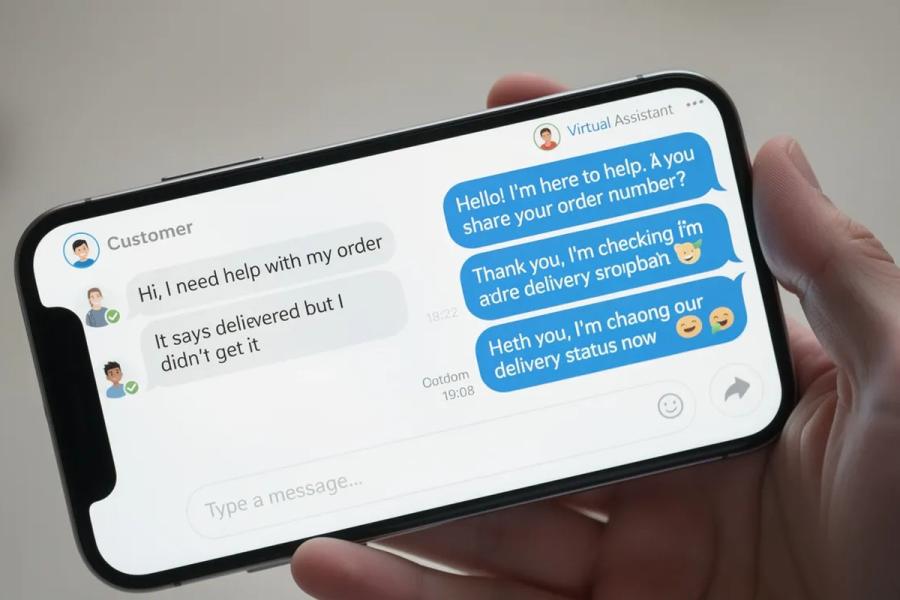 Customer support chatbot conversation displayed on a smartphone held in one hand.