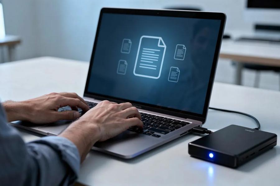 La imagen muestra a una persona concentrada en su portátil, con un disco duro externo conectado, lo que simboliza la importancia de las copias de seguridad y la protección de datos para un sitio de WordPress. Esta situación pone de relieve la necesidad de solucionar conflictos entre plugins y garantizar la seguridad frente a posibles vulnerabilidades.