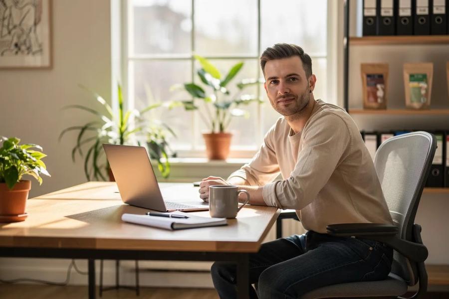 Man sitting at a desk with a laptop in a bright home office with plants and shelves.