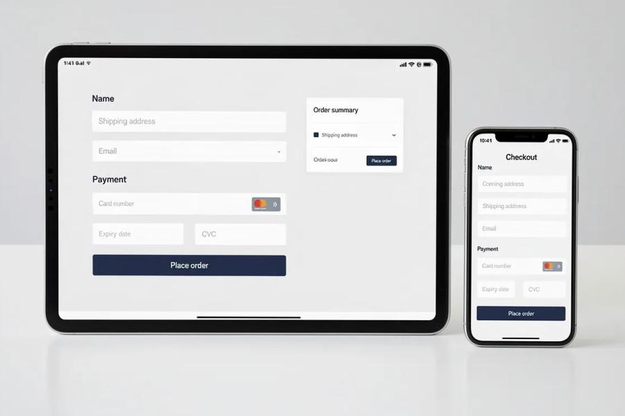 La imagen muestra una página de pago de una tienda online en una tableta y un smartphone, ilustrando una interfaz fácil de usar para completar compras en un sitio de WordPress. El diseño está optimizado para dispositivos móviles, lo que garantiza a los clientes una experiencia de compra fluida.