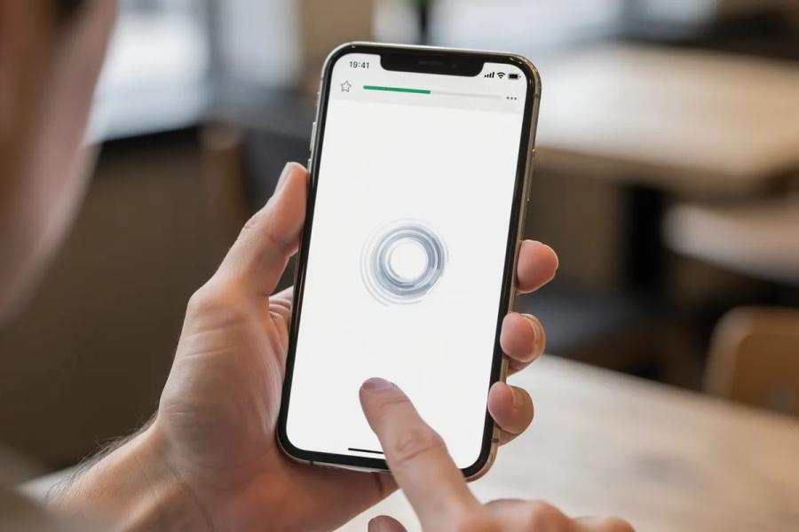 Person holding a smartphone and waiting for a web page to load.