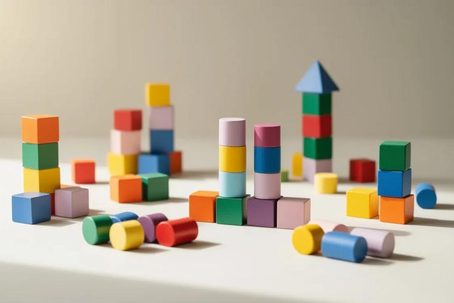 Pilas de cubos, cilindros y una pirámide azul de madera de colores formando pequeñas torres sobre una mesa clara