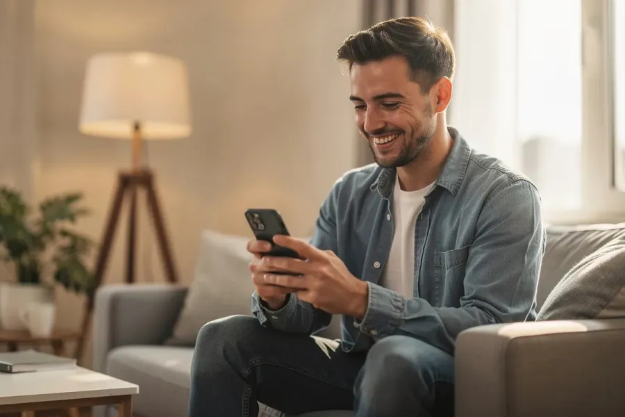 La imagen muestra a un cliente sonriente conversando a través de su teléfono inteligente en un entorno hogareño acogedor, destacando la facilidad de las interacciones facilitadas por chatbots y asistentes virtuales impulsados ​​por inteligencia artificial. Esta escena refleja la comodidad de utilizar la tecnología para gestionar consultas de clientes y apoyar tareas rutinarias de una manera cercana y humana.